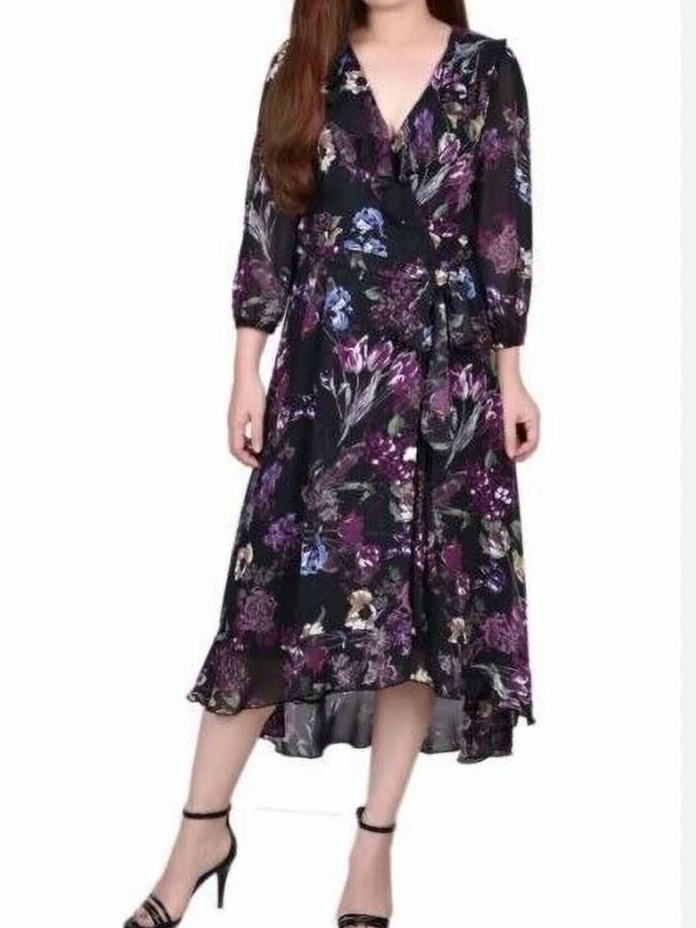 🌺 Jessica Simpson Floral Wrap Midi Dress 💜 Black Purple High-Low Size S EUC